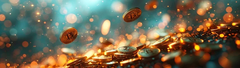 Fotobehang 3D-rendered physical digital currency, floating above tech surface, dynamic lighting, angled, octane render © J@x In The Box