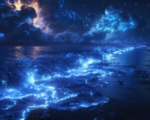Natural spectacle of bioluminescence and lightning, serene sea, dynamic lights, night, wide shot, 3D render