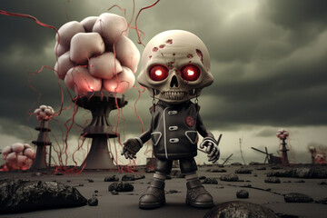 Playful 3D cartoon render, kid in gas mask, amidst a nuclear blast, mushroom cloud, stormy sky