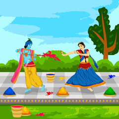 Obraz na płótnie Canvas Vector illustration of Lord krishna playing holi with radha 
