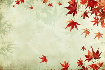 A template of red maple leaves on a soft light green background. leaf border for copyspace and writing text. watercolor style. beautiful and aesthetic. AI Generated. 