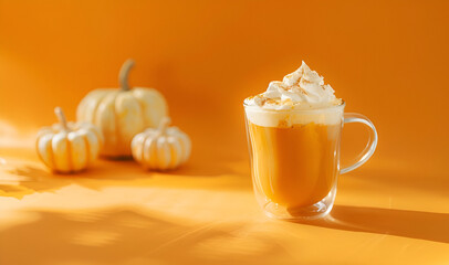A mug of spicy pumpkin latte with whipped cream. A cup of pumpkin coffee on the  pastel yellow orange background. Autumn winter seasonal coffee drink with pumpkin and cinnamon.