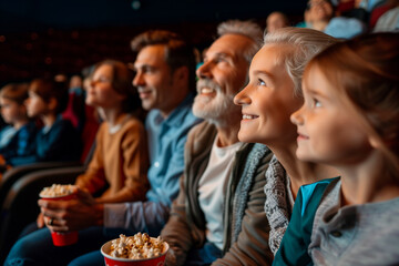 Family in cinema seeing movie with popcorn. Family weekend 