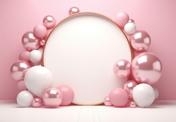 Obraz na płótnie Canvas pink and white balloons with foil around the circle frame on pink background.
