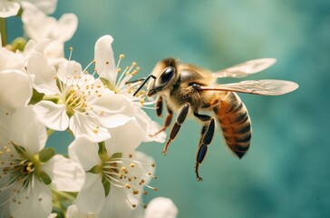 close-up shot of an ancient honey bee flying towards white flowers.