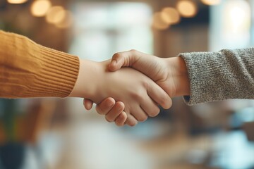 Two people engaging in a firm handshake, symbolizing trust and cooperation in a blurred business setting - obrazy, fototapety, plakaty
