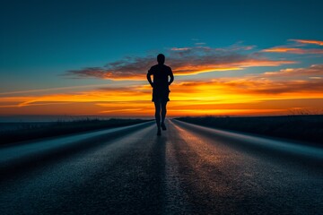 Fototapeta na wymiar Man running on rural road at sunset, Concept of freedom and endurance in fitness and nature