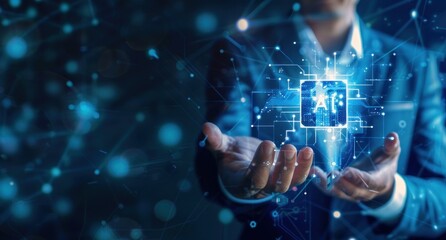 Ai technology, Artificial Intelligence. man using technology smart robot AI, artificial intelligence by enter command prompt for generates something, Futuristic technology transformation.