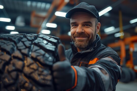 Smiling mechanic giving thumbs up in tire workshop with focus on rugged vehicle tire, Concept of automotive maintenance and job satisfaction