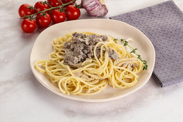 Pasta Carbonara with beef bacon