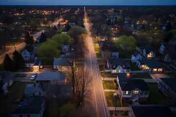 Aerial view of small town suburb houses
