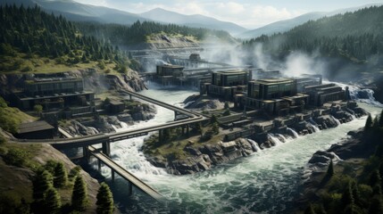Hydroelectric dam power plant in a forested area - obrazy, fototapety, plakaty
