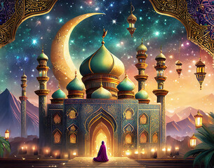 A mosque lit up at dusk, with a crescent moon in the sky and mountains in the background. A single person walkiing into the entrance