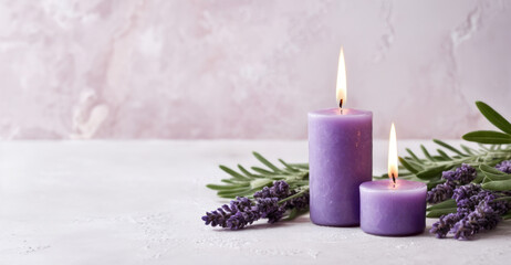Obraz na płótnie Canvas Two purple burning wax candles and a bouquet of lavender on a light background. Relax interior decoration. Home comfort, minimalist concept for a banner, flyer, poster or postcard with copy space.