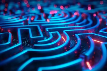 Futuristic glowing maze circuit board, complexity and problem solving in technology, Concept of digital challenges and cyber security - obrazy, fototapety, plakaty