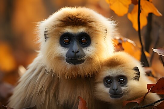 close image of Yellow Cheeked Gibbon monkey (Nomascus Gabriallae) mother with child in the forest