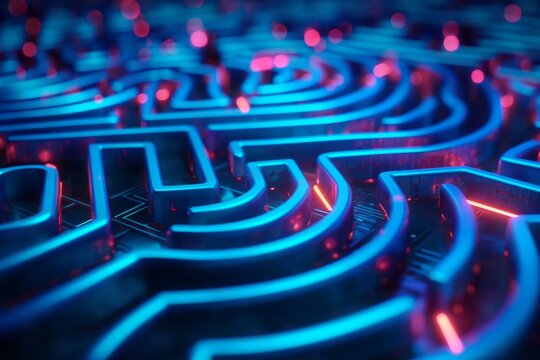 Futuristic glowing maze circuit board, complexity and problem solving in technology, Concept of digital challenges and cyber security