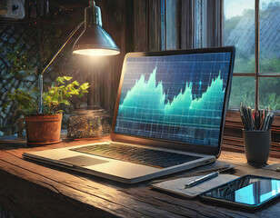 Financial chart on a laptop screen on a desk by the window with a lamp on. In landscape format Generative AI