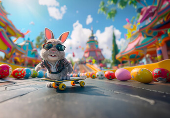 An adorable Easter bunny with sunglasses rides a skateboard shaped like an Easter egg in front of a colorful theme park - obrazy, fototapety, plakaty