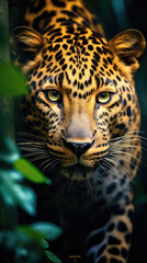 wild leopard animal face crouching between trees in the jungle with a strong facial expression with cinematic lighting   created with Generative AI Technology
