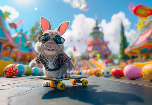 An adorable Easter bunny with sunglasses rides a skateboard shaped like an Easter egg in front of a colorful theme park