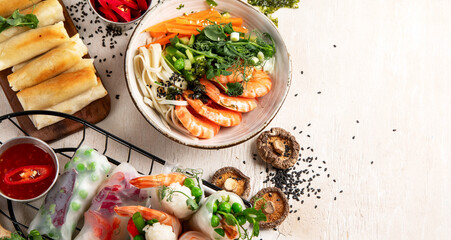 Fresh and delicius Vietnamese food table, asian food.