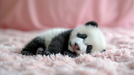  A black & white baby panda naps on a pink blanket, head resting on paws