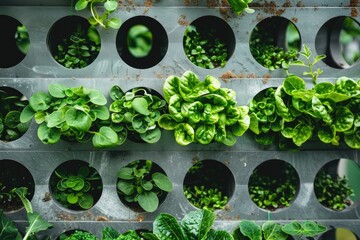 Fresh organic leafy greens growing in agricultural greenhouse. - obrazy, fototapety, plakaty