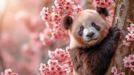  A panda bear sits atop a tree with pink flowers on its trunk