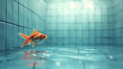 Fotobehang  A goldfish swims in a blue-tiled room with sunlight glistening on the water © Jevjenijs