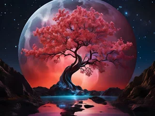 Papier Peint photo Violet inside a water drop, there is vibrant colours, volumetric light the ethereal beauty of a mystical landscape under the red moonlight. The scene is illuminated by a large, radiant moon Generative AI