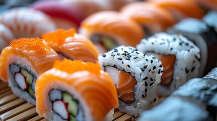  A cluster of sushi rolls arranged on a bamboo table near additional stacked sushi rolls