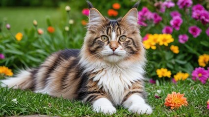 Calico maine coon cat in flower field