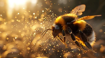 Foto op Plexiglas  A bee in flight, drenched with water droplets, against a hazy backdrop © Jevjenijs