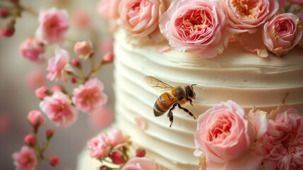  A cake in focus, with a bee hovering above, and flowers adorning its edges - obrazy, fototapety, plakaty