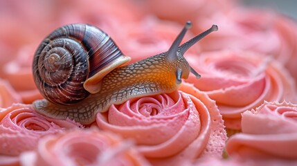  Snail on Pink Roses, Close-up