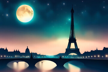 silhouette of paris skyline by night with the full moon and stars in the sky - obrazy, fototapety, plakaty
