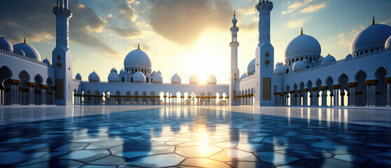 Big white Islamic mosque building with golden sunlight created with Generative AI Technology - obrazy, fototapety, plakaty