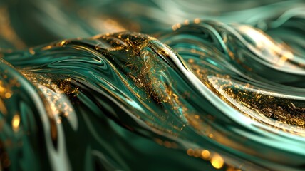The abstract picture of the two colours of gold and green colours that has been created form of the waving shiny smooth satin fabric that curved and bend around this beauty abstract picture. AIGX01. - obrazy, fototapety, plakaty
