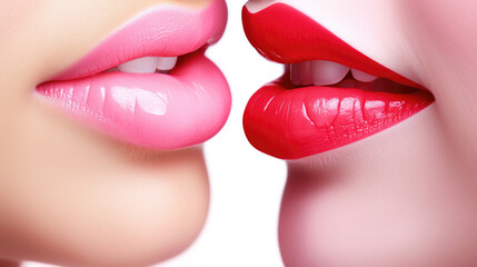 close-up of pink and red feminine lips using lipstick cosmetics and clean teeth created with Generative AI Technology
