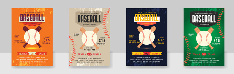 A Set Of baseball tournament flyer template retro design vector, Vintage grunge poster design layout for a baseball tournament.