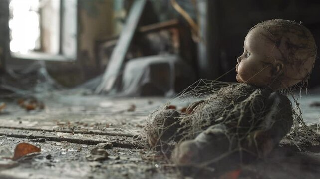 An old doll tangled in cobwebs and covered in dust in the interiors of a ruined suburban house. Great for scary stories.