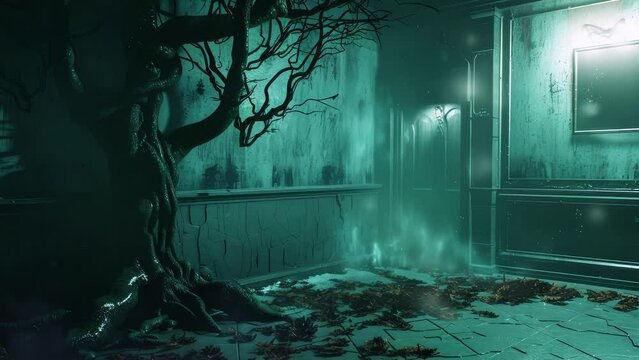 A hotel room with scary oozing wood and pulsing light, ghostly ectoplasm coming out from under the door. Haunted house atmosphere. Great for a horror story theme