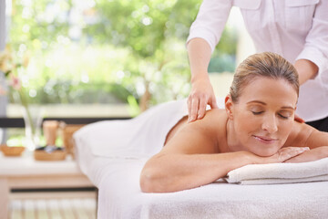 Woman, hands and spa with massage therapist for wellness peace or stress relief at zen resort, calm...
