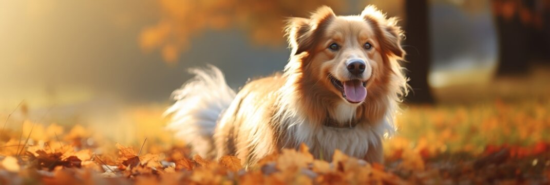 Happy dog lying in the park on autumn leaves