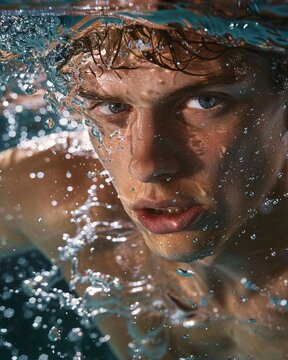 Close-up of swimmer taking a breath, crisp water backdrop, dynamic and focused, in clear pool light