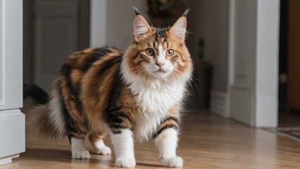 Calico maine coon cat in the living room