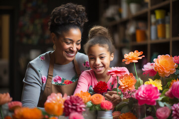Happy mother and daughter having fun with flowers. African american adult female with child celebrating mother's day.