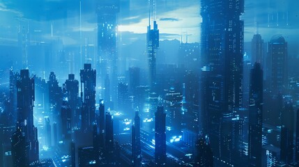 A futuristic cityscape bathed in blue light, where gleaming towers rise above the clouds, symbolizing progress and innovation. - obrazy, fototapety, plakaty