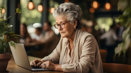 Old granny woman working on laptop computer in cafe at table. Senior adult woman in glasses using laptop - obrazy, fototapety, plakaty